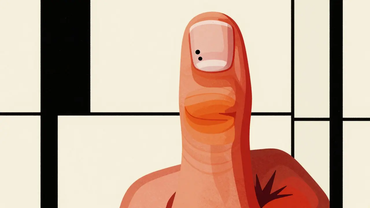Stylized hand with swollen sausage-like finger and pitted nail.