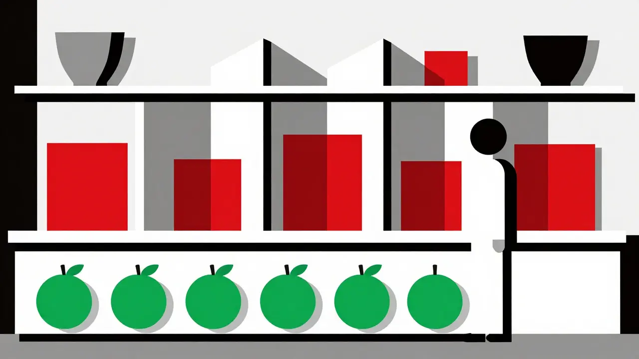 Stylized kitchen scene showing organized food storage for health