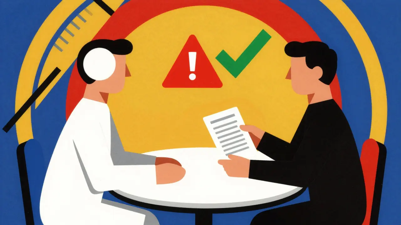 Two geometric figures discussing medical records at a circular table