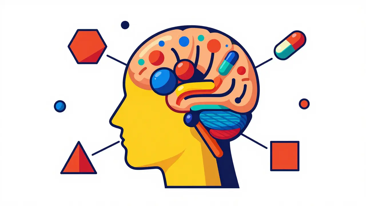 Abstract Bauhaus art showing a head with geometric shapes representing brain chemistry and medication effects