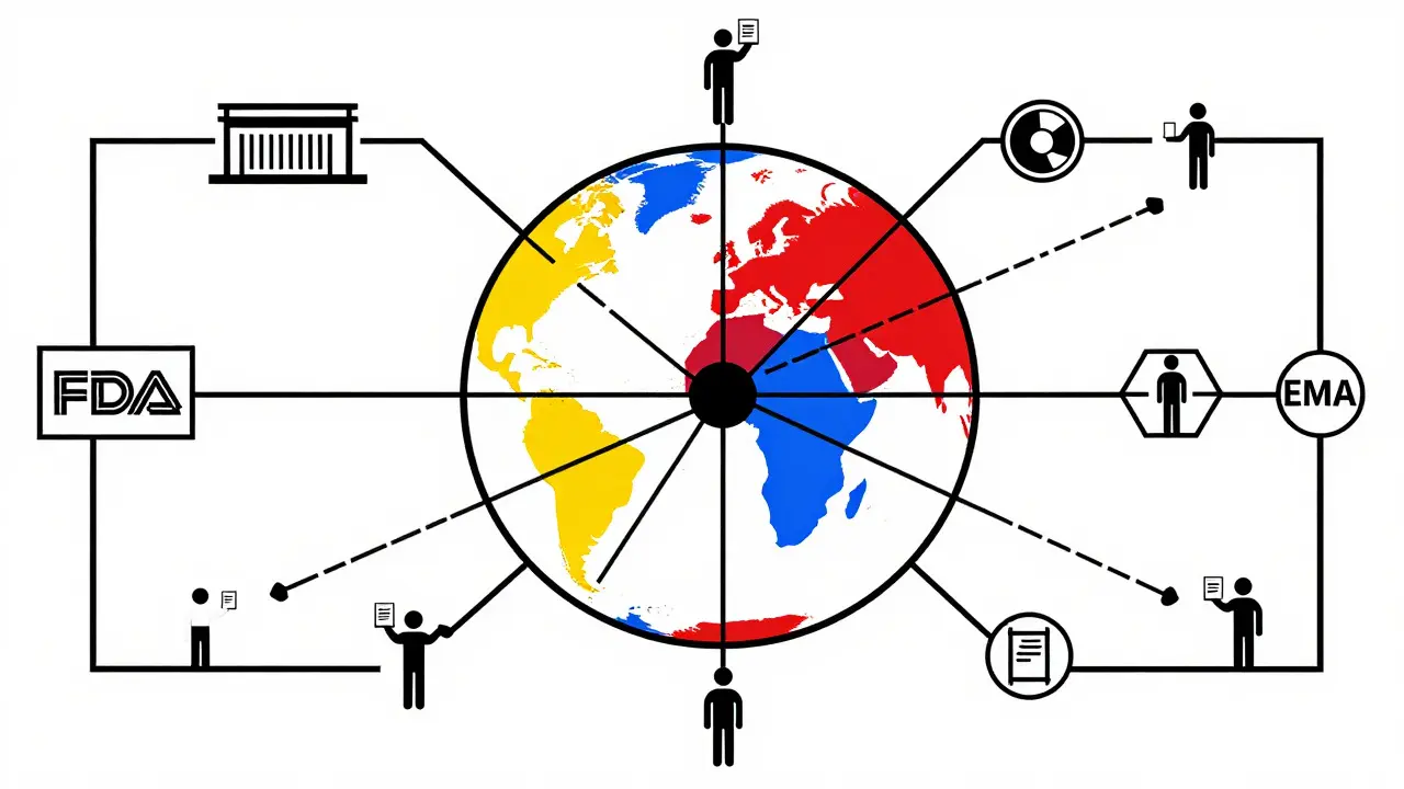 Abstract Bauhaus illustration of global drug safety monitoring networks