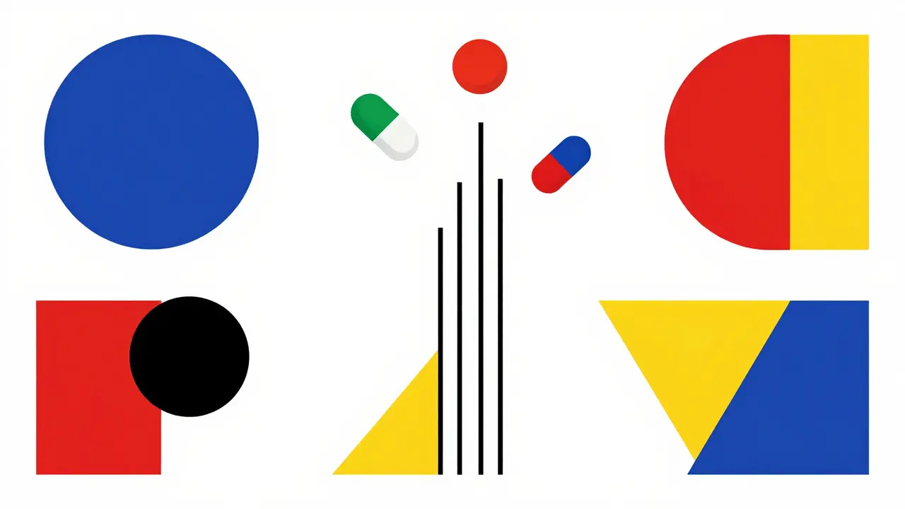 Abstract geometric shapes representing FDA regulations and drug safety standards.
