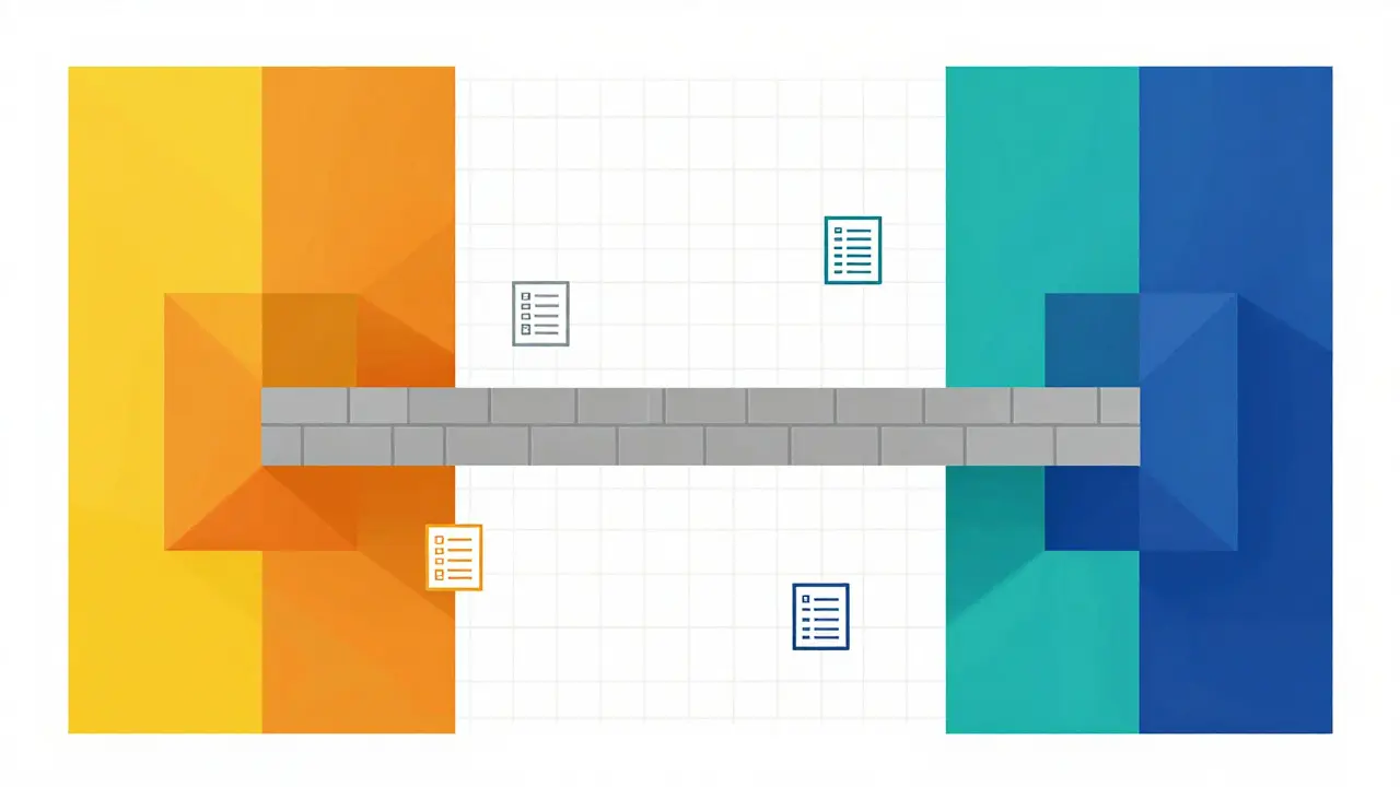 Bauhaus style graphic of two colored columns connected by a bridge, symbolizing cross-jurisdictional legal strategies