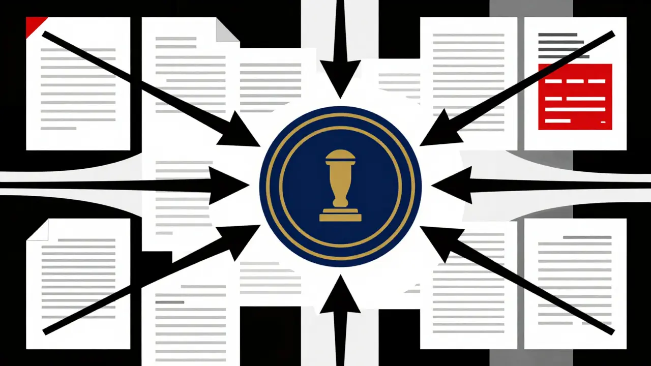 Geometric Bauhaus art depicting a central seal surrounded by arrows representing federal legal procedures