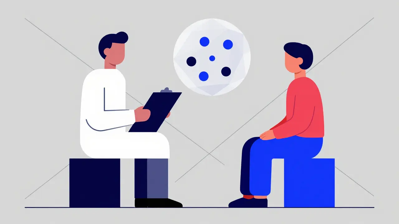Geometric doctor and patient discussing medication options