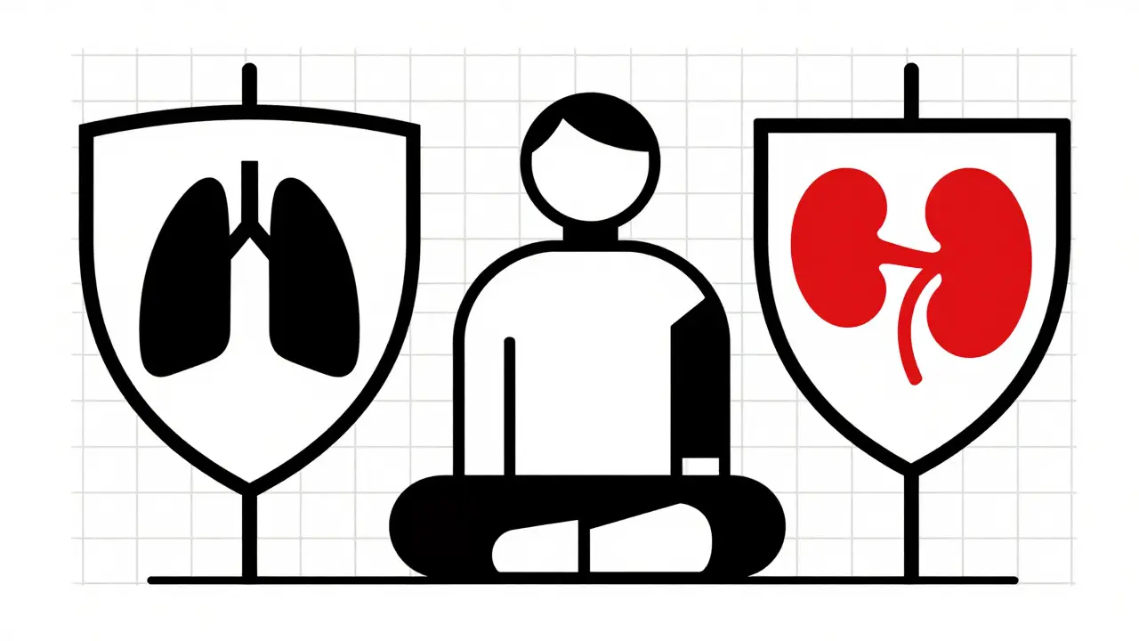 Geometric figures and shields illustrating safety monitoring and care.