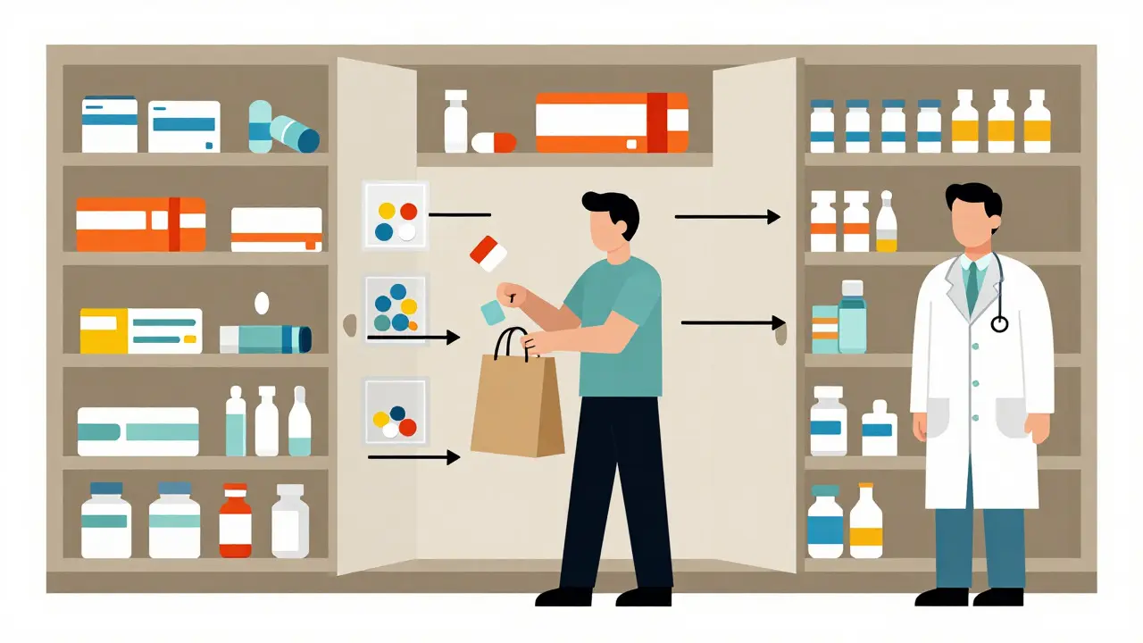 Person sorting medications from a bag into organized shelves