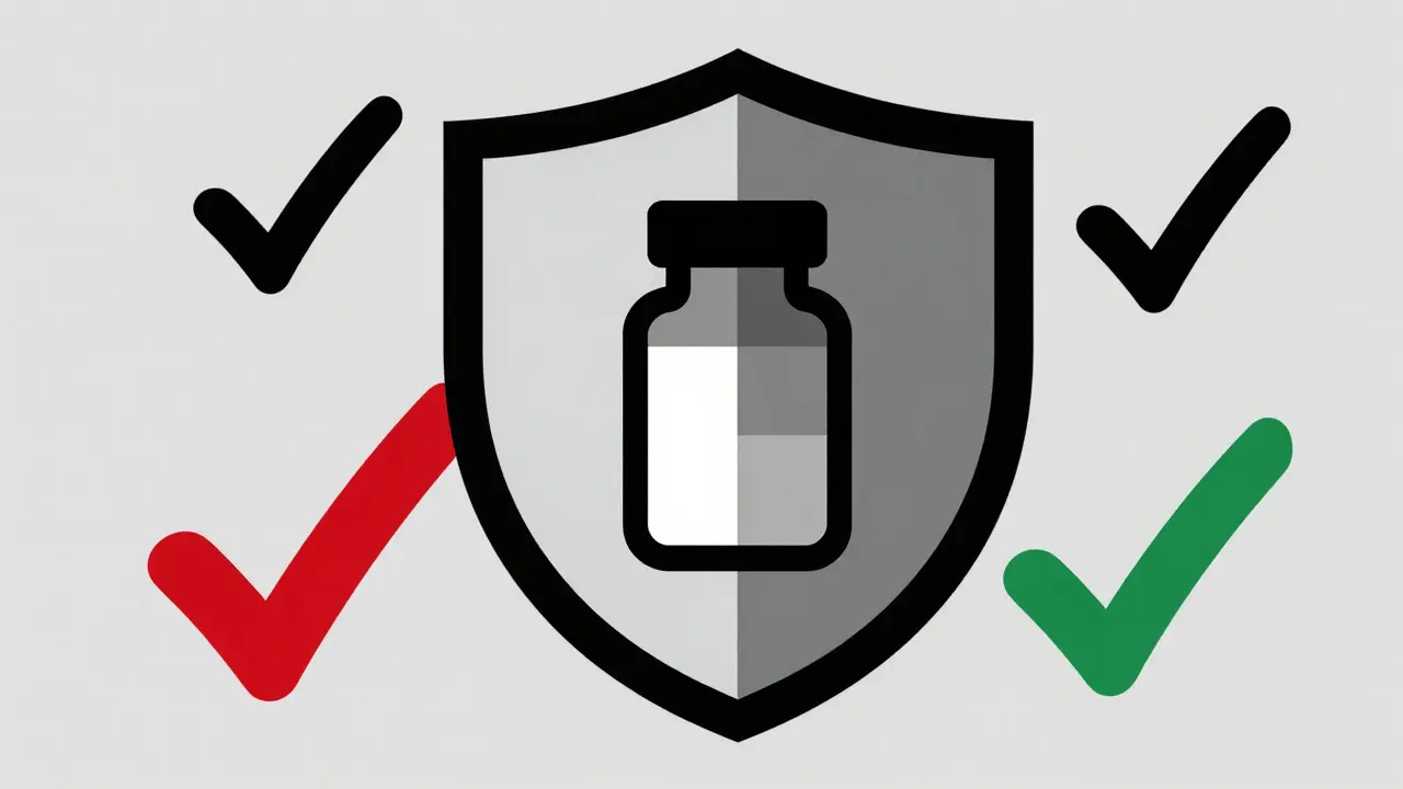 Stylized Bauhaus shield protecting a pill bottle, symbolizing safety.