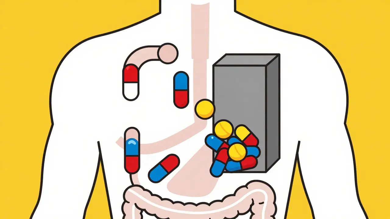 Stylized geometric representation of slowed drug absorption in the body.