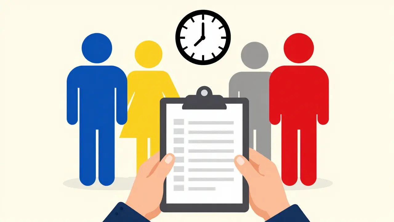 Stylized image of a clipboard, clock, and group figures symbolizing tracking and support during medication taper