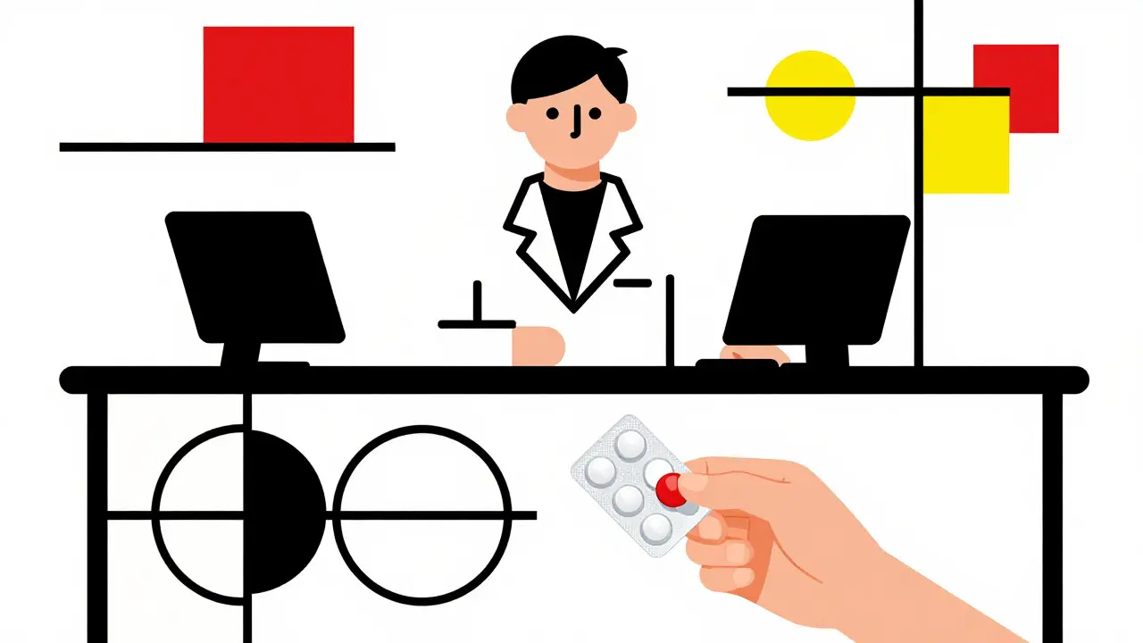 Stylized pharmacist and patient discussing a differently colored prescription pill.