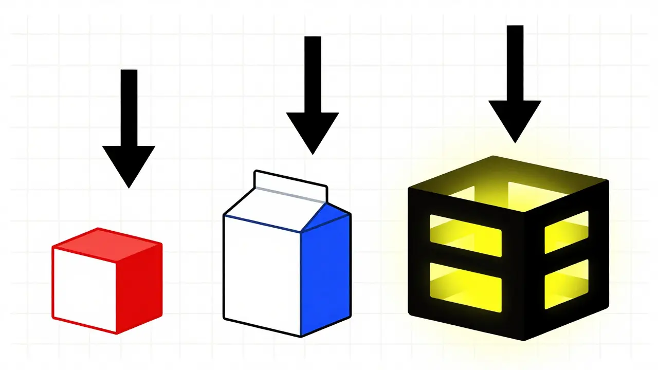 Three figures holding boxes of increasing size with arrows pointing down to show savings