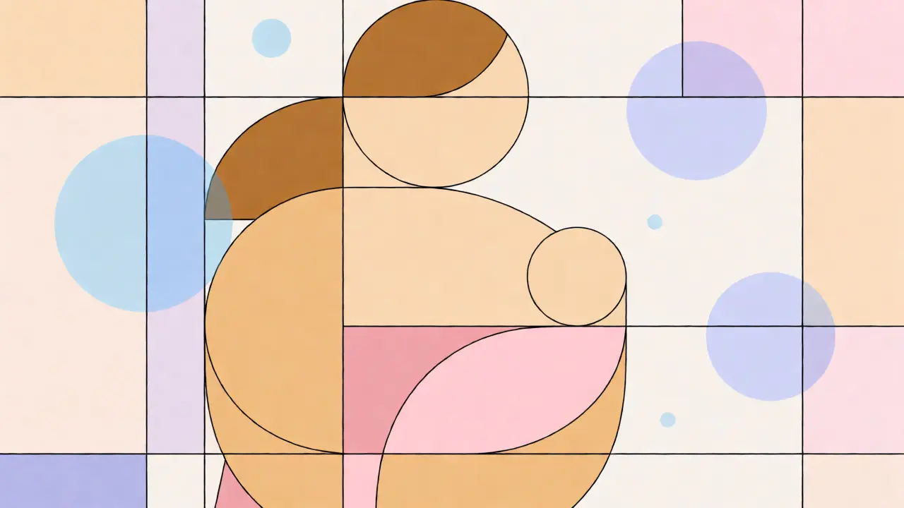 Stylized Bauhaus-style image of a mother holding a baby surrounded by protective shapes.